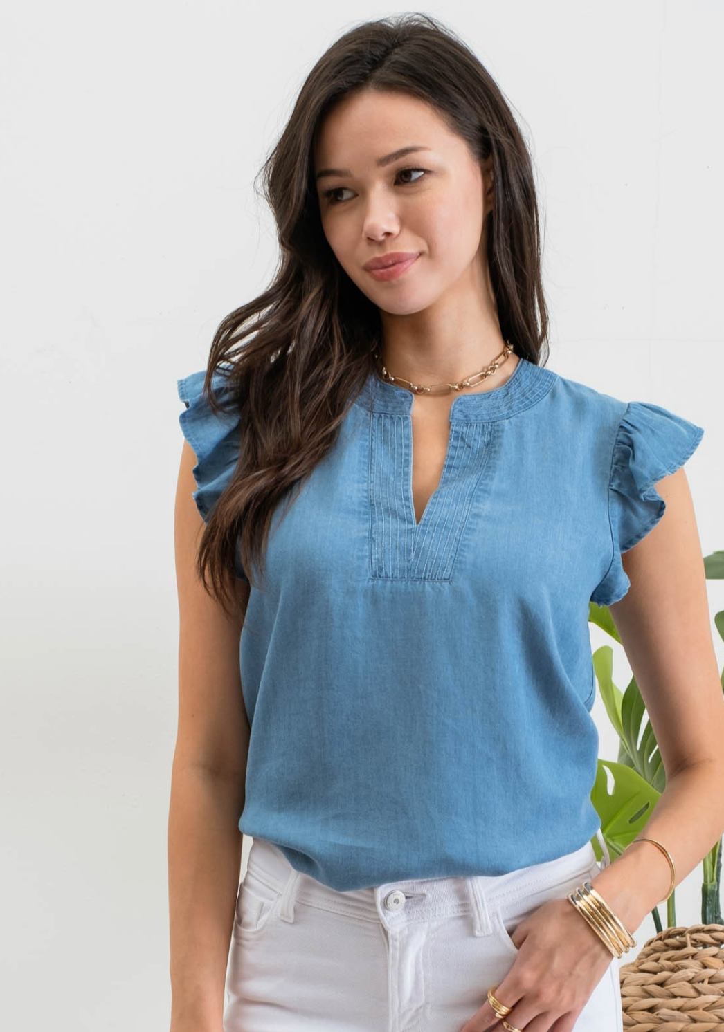 Ruffle Sleeve Chambray Top