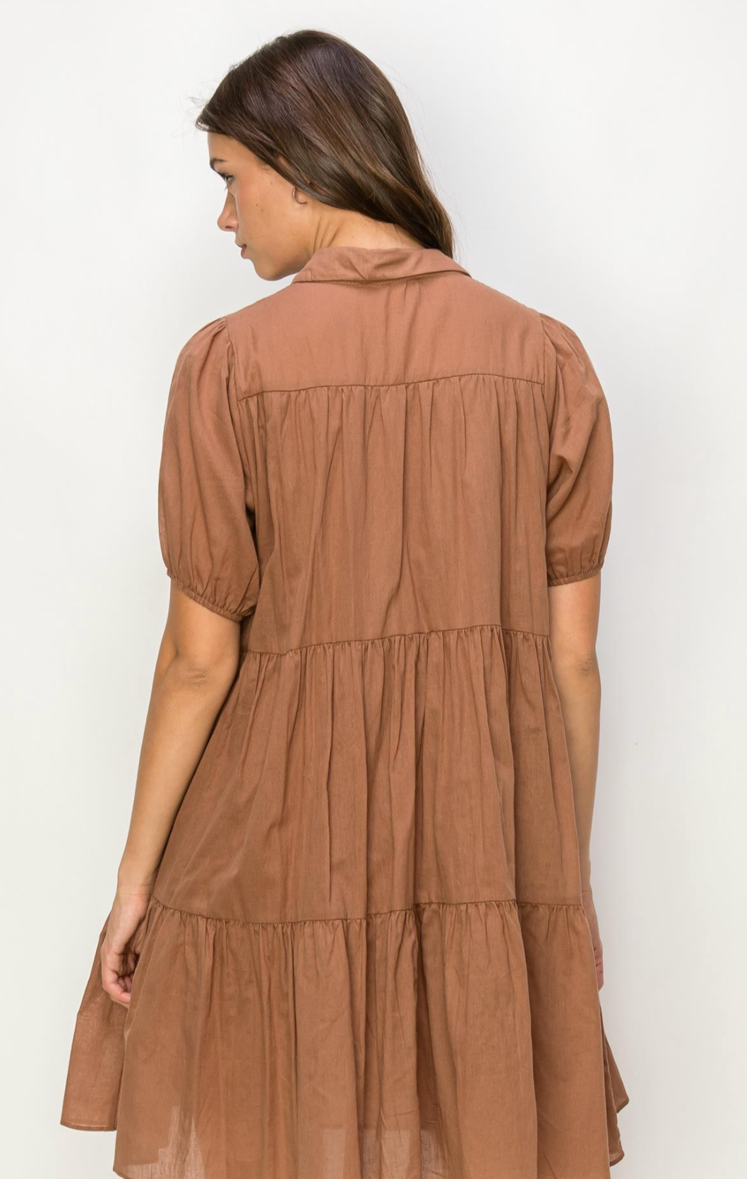 Pecan Brown Relaxed Tiered Shirt Dress