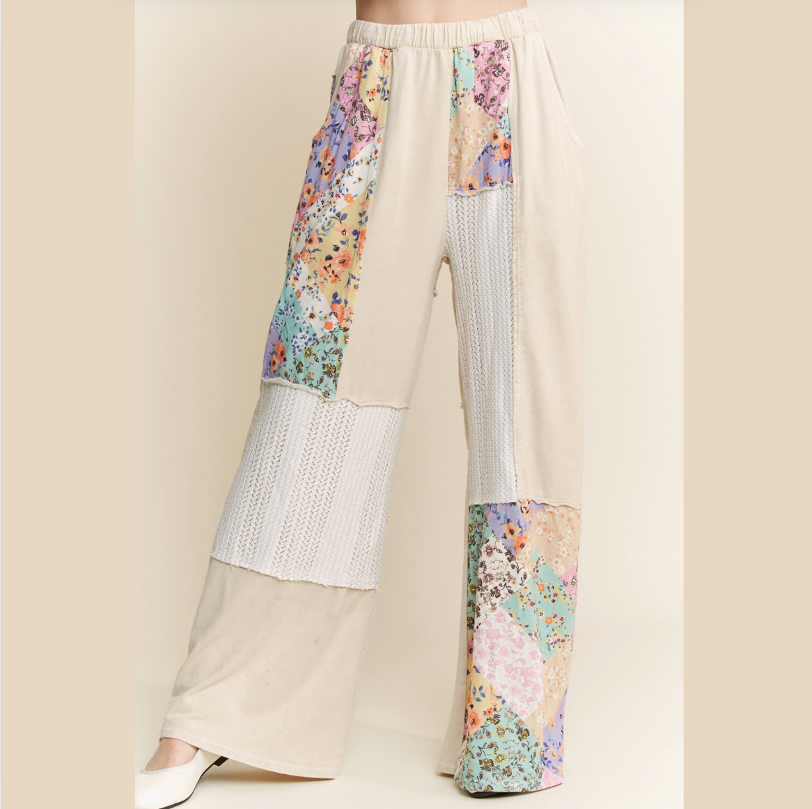 Mineral Washed Floral Waveknit Jacquard Boho Pants