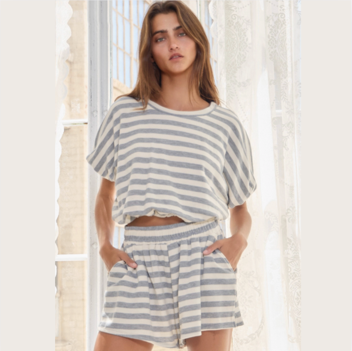 Bubble Hem and Sleeve Striped Crop Top