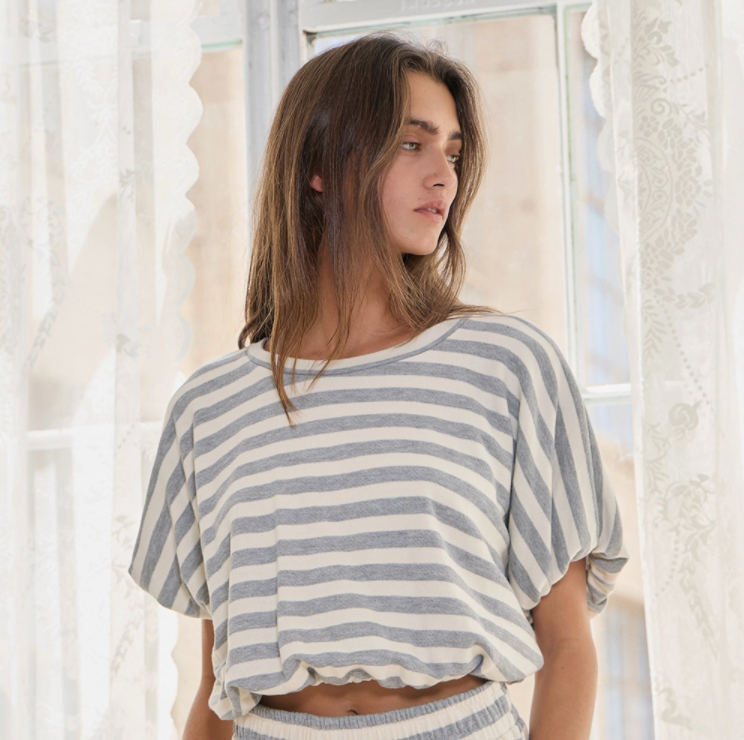 Bubble Hem and Sleeve Striped Crop Top