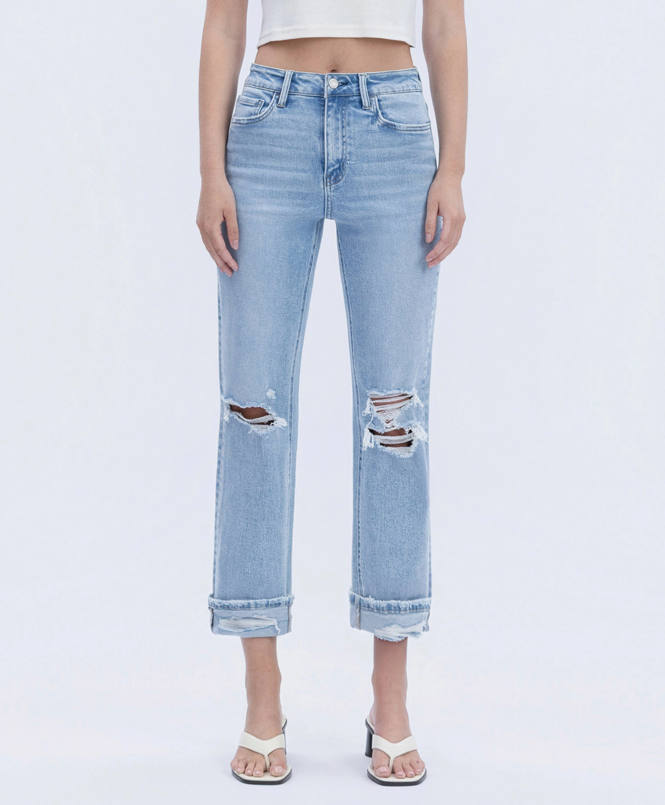 High Rise Double Cuffed Crop Straight Jeans