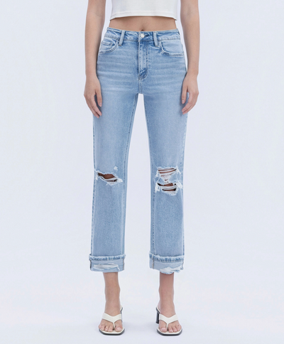 High Rise Double Cuffed Crop Straight Jeans