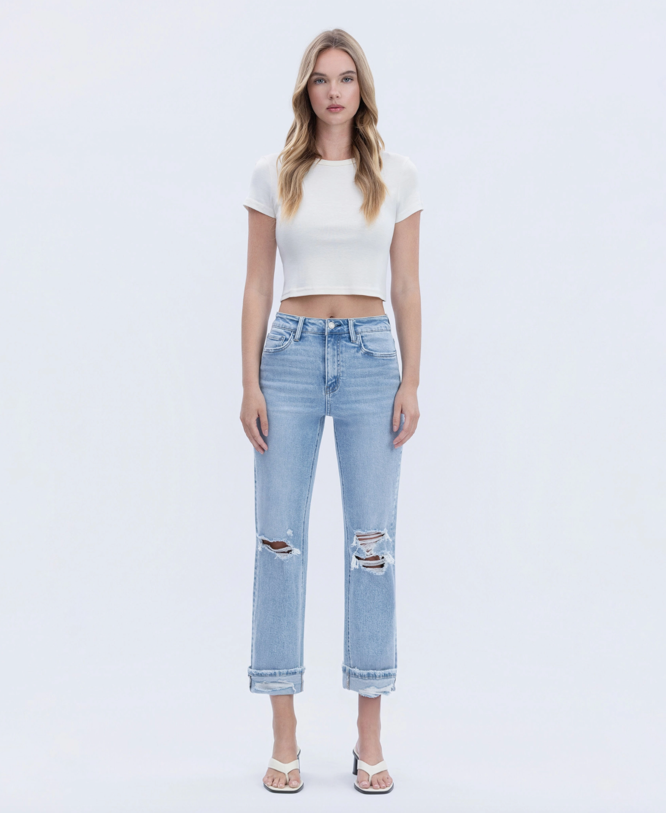High Rise Double Cuffed Crop Straight Jeans