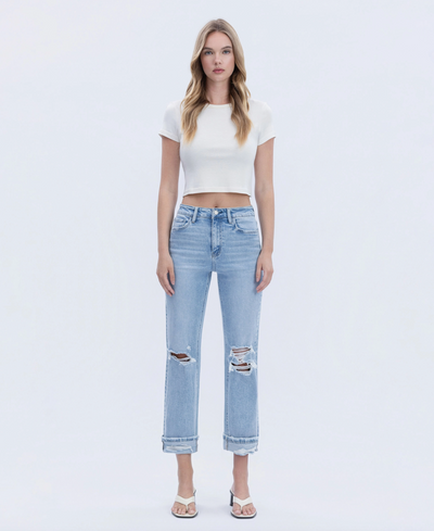 High Rise Double Cuffed Crop Straight Jeans
