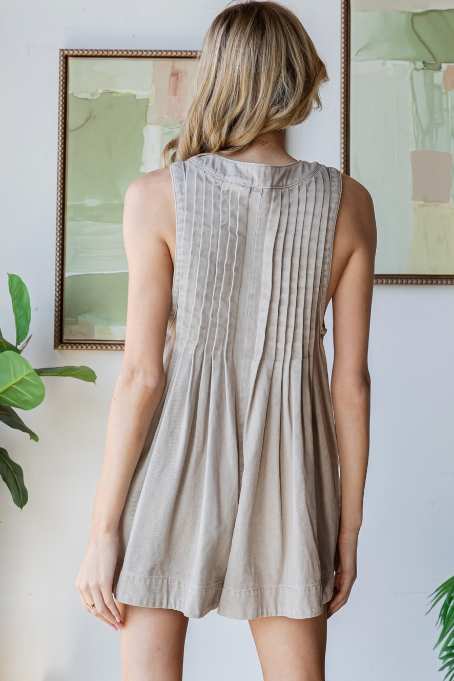 Front Pleated Sleeveless Denim Romper