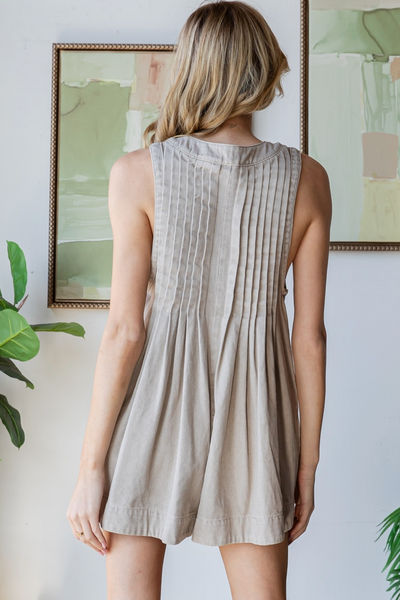 Front Pleated Sleeveless Denim Romper