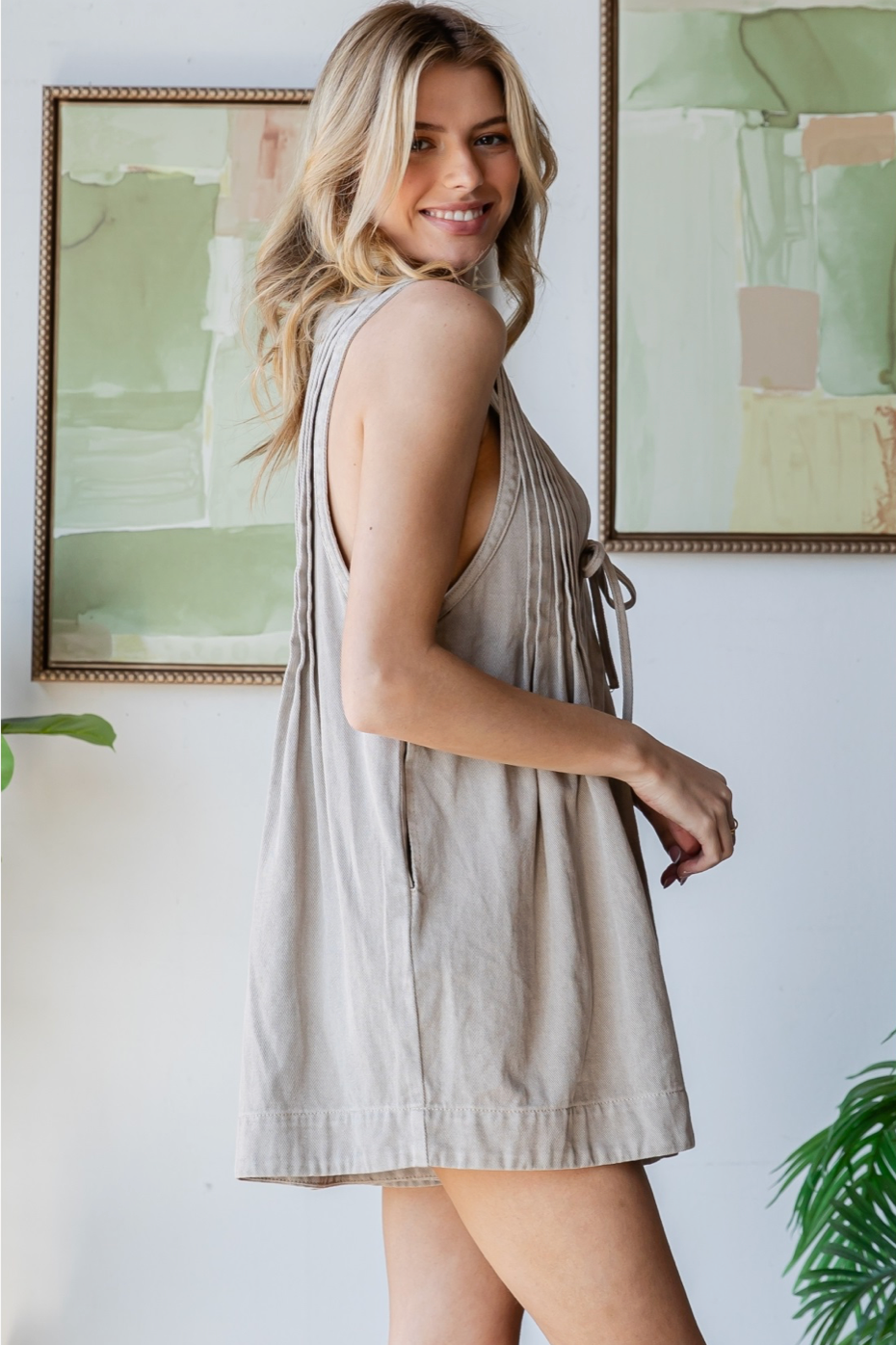 Front Pleated Sleeveless Denim Romper