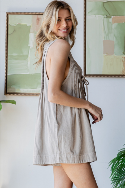 Front Pleated Sleeveless Denim Romper