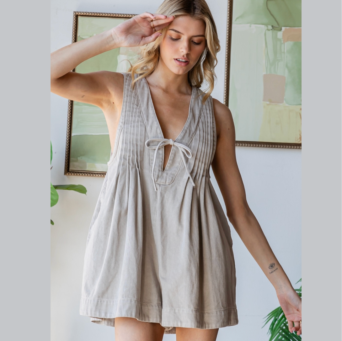 Front Pleated Sleeveless Denim Romper
