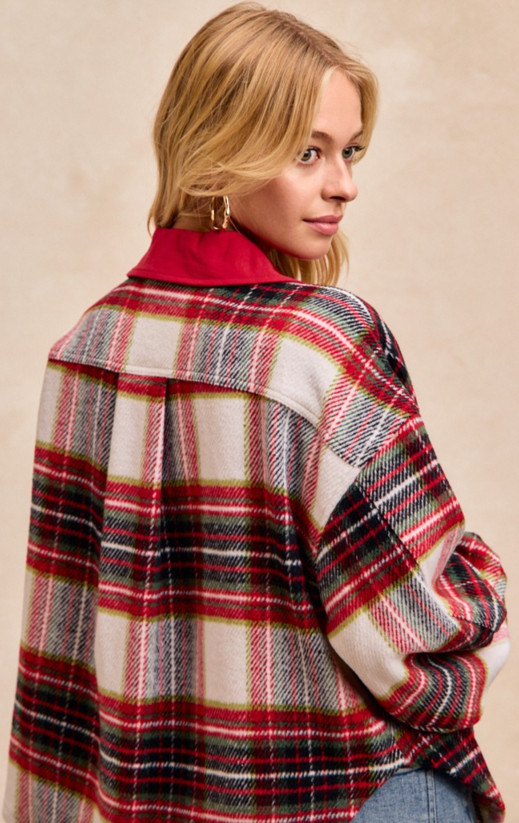 Brushed Plaid Oversized Shacket With Side Pockets