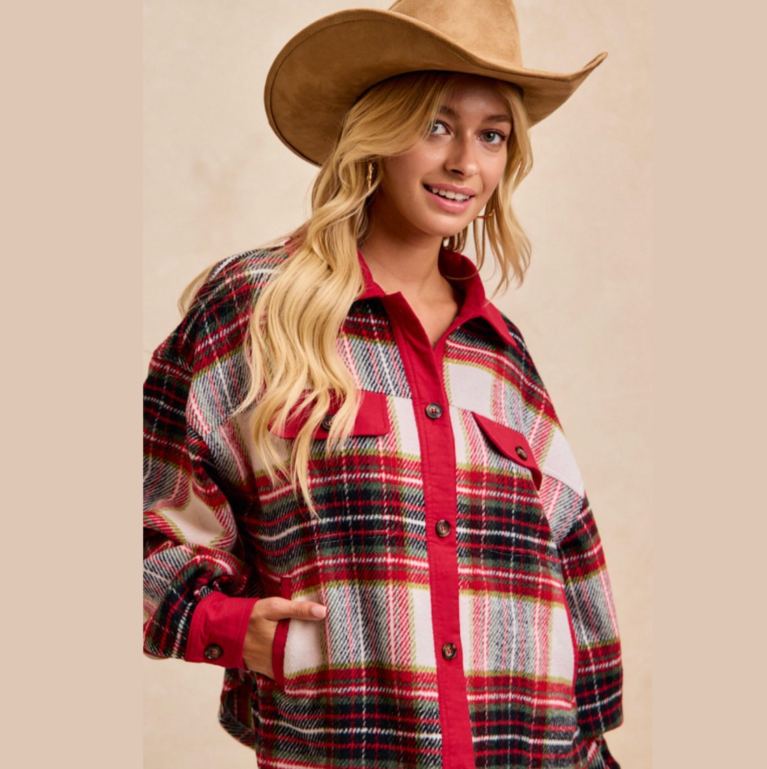 Brushed Plaid Oversized Shacket With Side Pockets