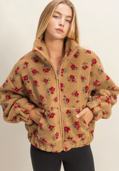 Comfy Floral Print Sherpa Zip-Up Jacket