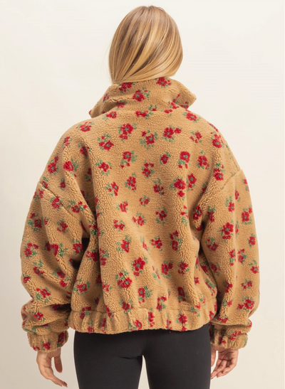 Comfy Floral Print Sherpa Zip-Up Jacket