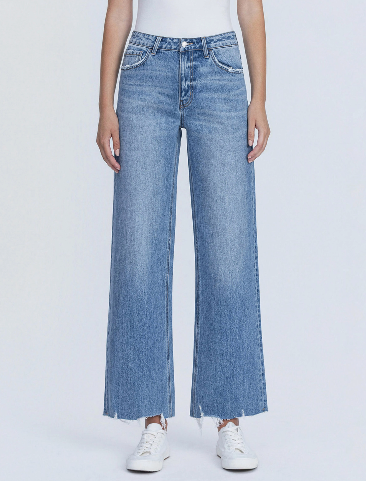 High Rise Clean Cut Hem W Destruction Wide Jeans