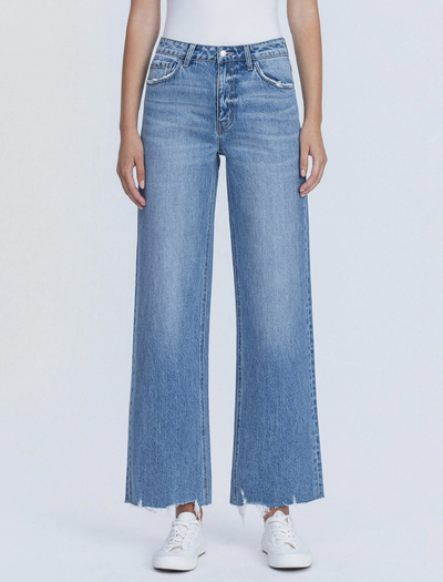 High Rise Clean Cut Hem W Destruction Wide Jeans