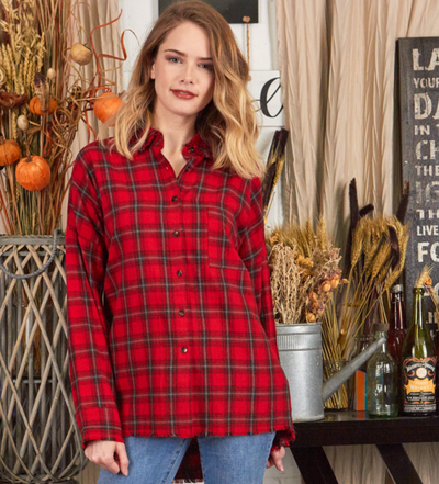 Red Plaid Top with Raw Edges