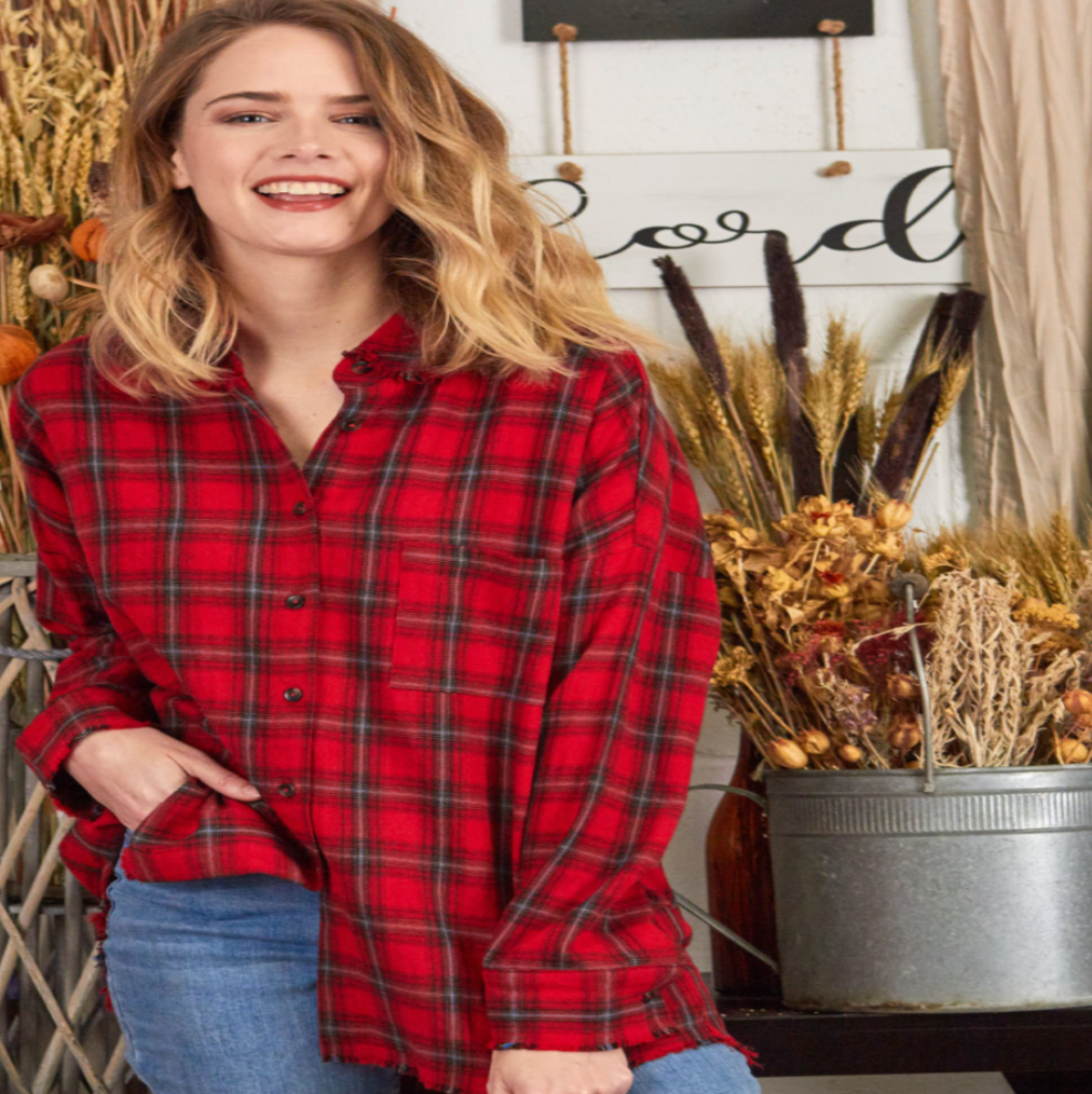 Red Plaid Top with Raw Edges